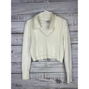 525 Eyelash Collared Sweater White Small Long Sleeve Crop Preppy Neutral Boho